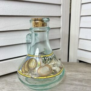 Vintage Italian Hand Painted Vinegar Cruet Bottle Aqua‎ Glass Decanter w/ Cork